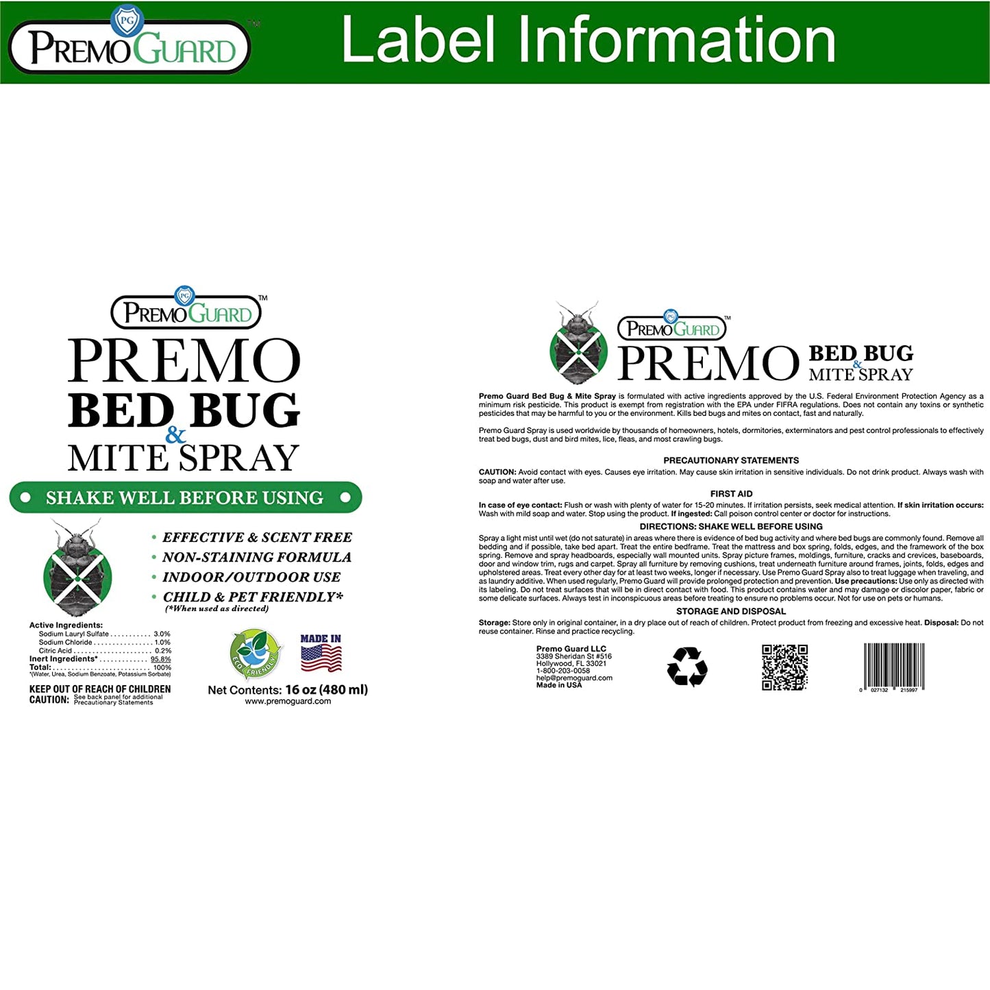 Bed Bug & Mite Killer Spray 16 oz | Natural & Non-Toxic | Premo Guard