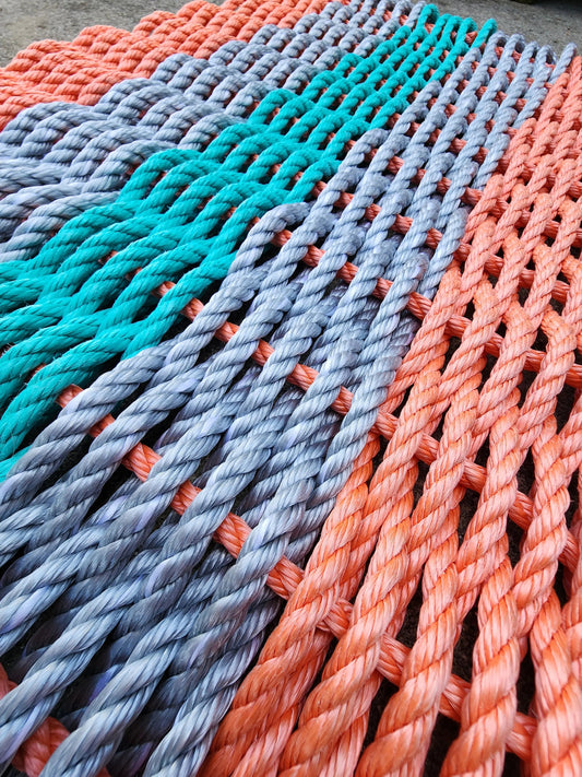 Coral Orange, Light Gray & Teal 5-Stripe Lobster Rope Doormat