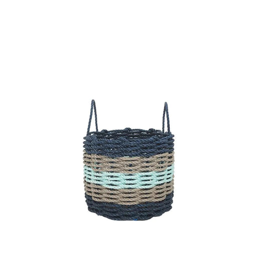 Navy Blue, Tan & Seafoam Five Stripe Rope Basket