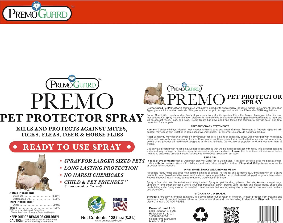 Pet Protector Spray 128 oz | Plant Based Non-Toxic Treatment | Premo Guard