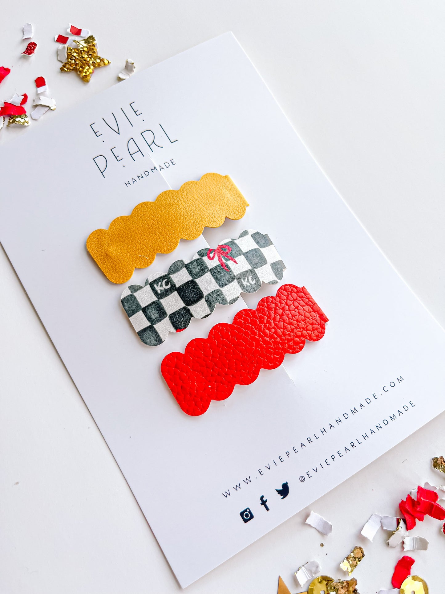Gold, Checkered KC Bows & Red Snap Clip Set