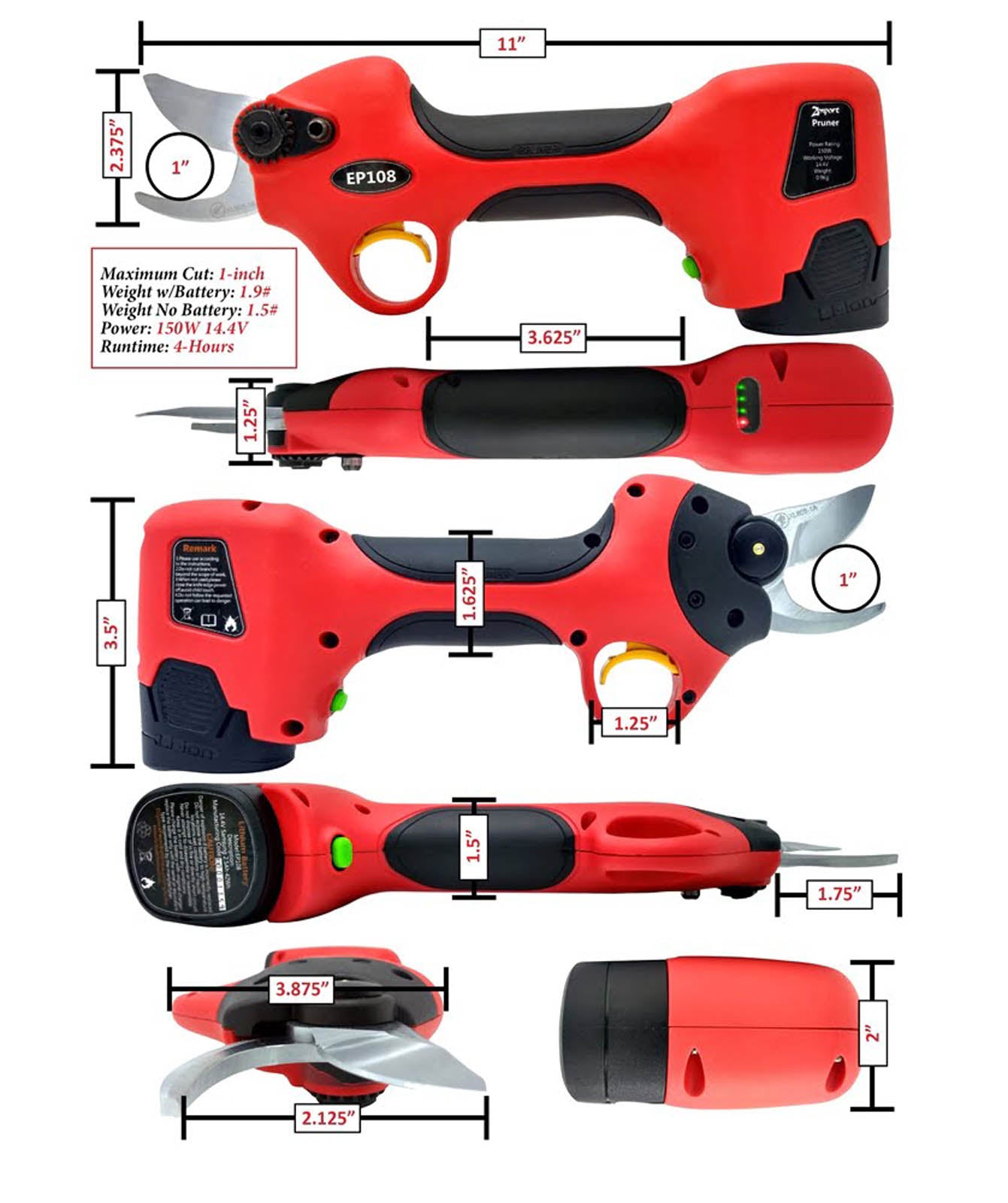 Cordless electric hand-pruner, 2 batteries, charger, 1-inch cut