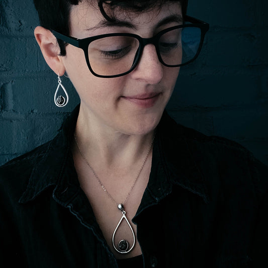 Meteorite Jewelry Set - Teardrop Necklace and Earrings