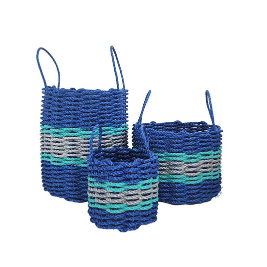 Authentic Maine Lobster Rope Storage Basket Blue and Light Gray with Teal Accents