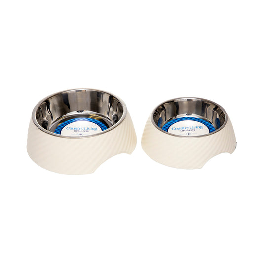 Country Living Set of 2 Round Twill Melamine Dog Bowls with Removable Stainless Steel Inserts – White Swan