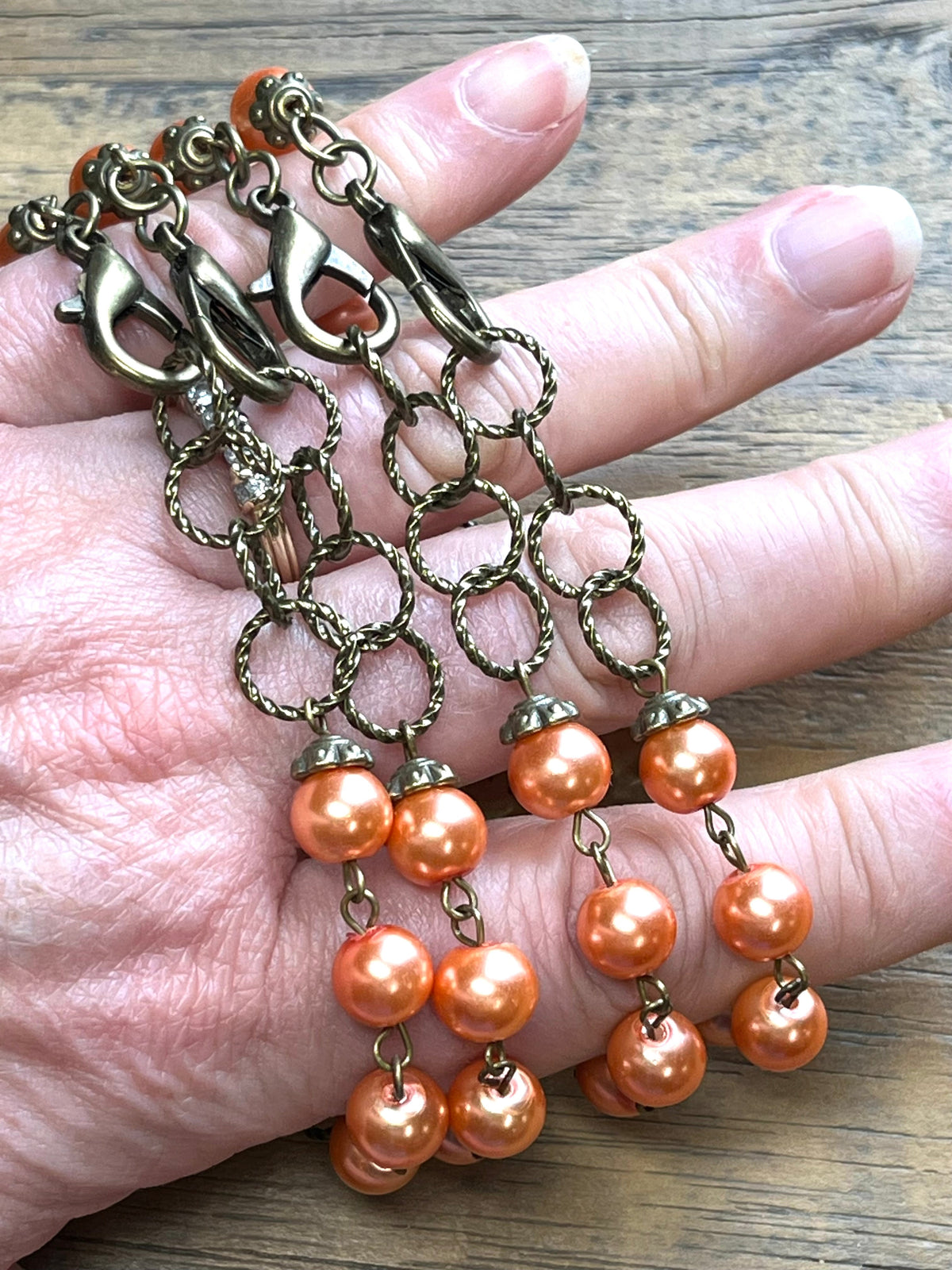 1968 Dog Tag Bracelet with Peach Beads Upcycled Altered Art Assemblage Jewelry