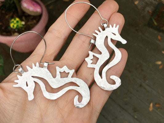 Seahorse earrings, metal seahorse hoop earrings, hammered aluminum hoop earrings