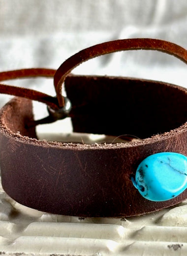 Dark Brown leather bracelet blue turquoise