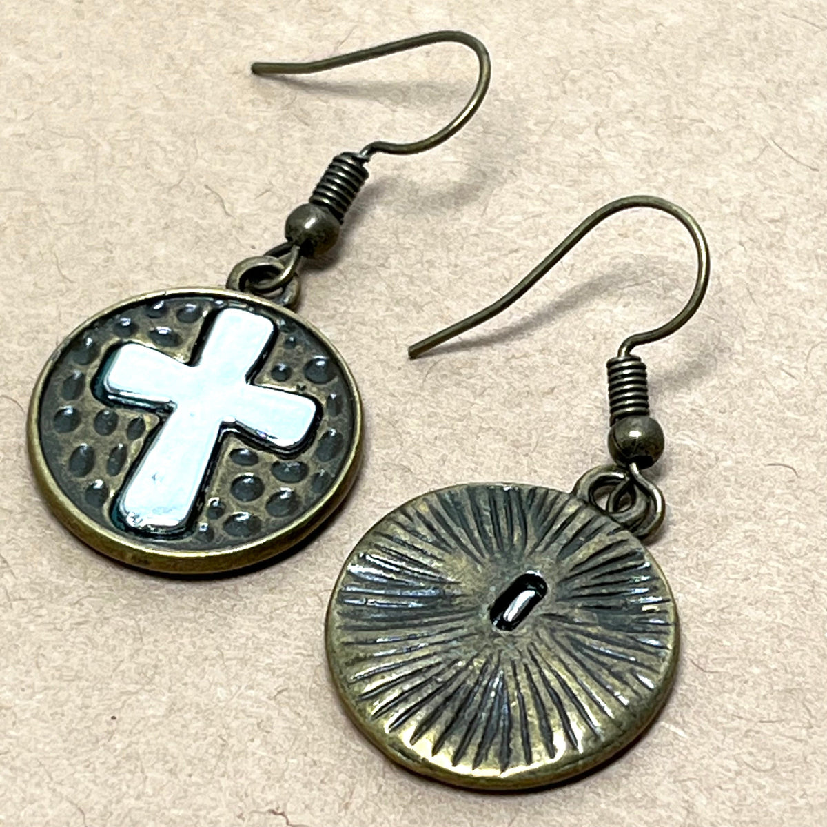 Silver Cross Earrings on Brass Circle