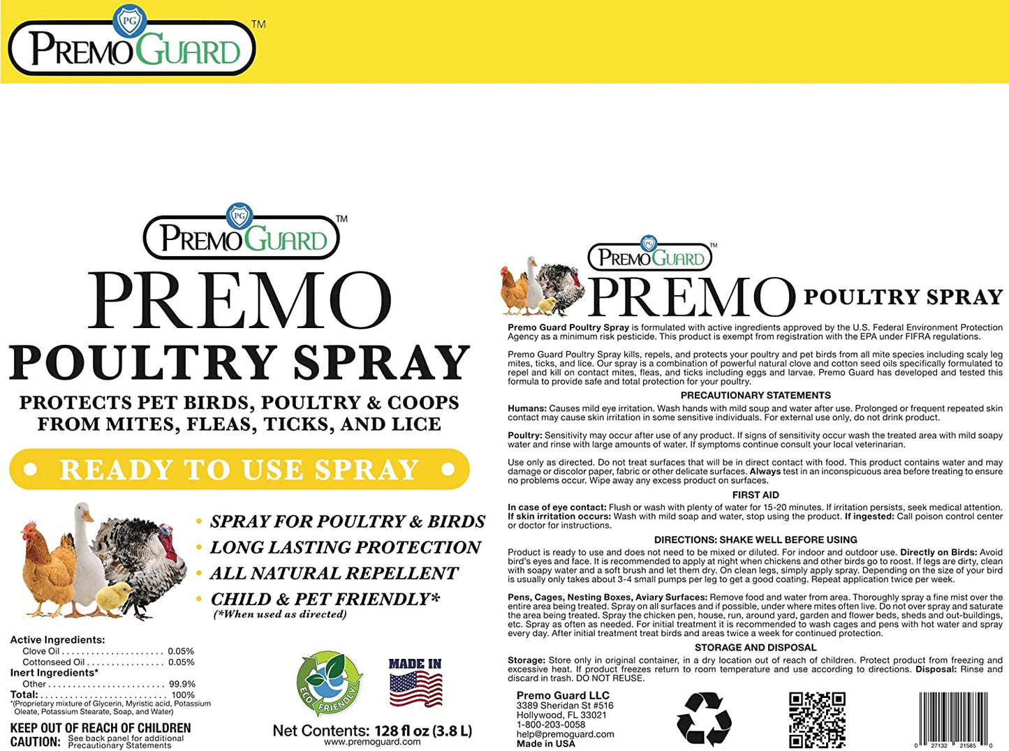 Poultry Spray 128 oz | Plant Based Natural Non-Toxic | Premo Guard