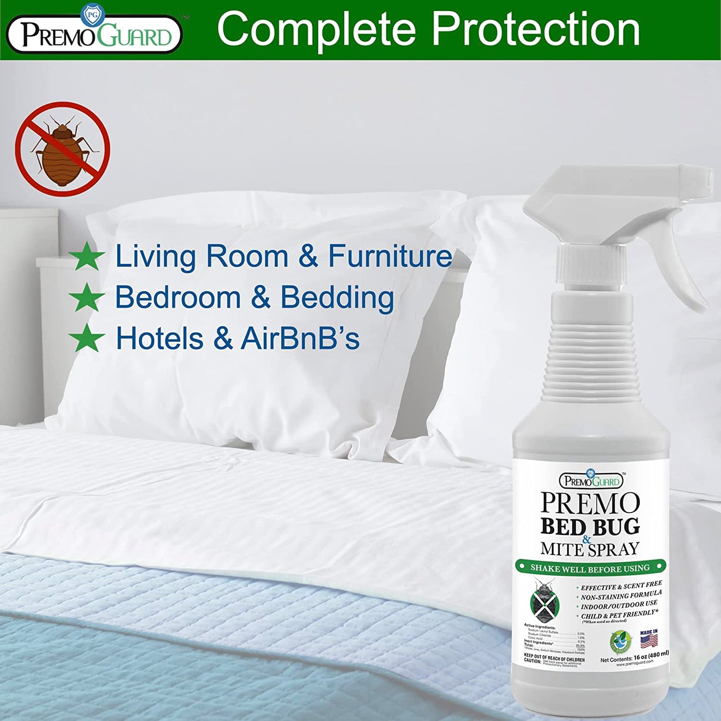Bed Bug & Mite Killer Spray 16 oz | Natural & Non-Toxic | Premo Guard