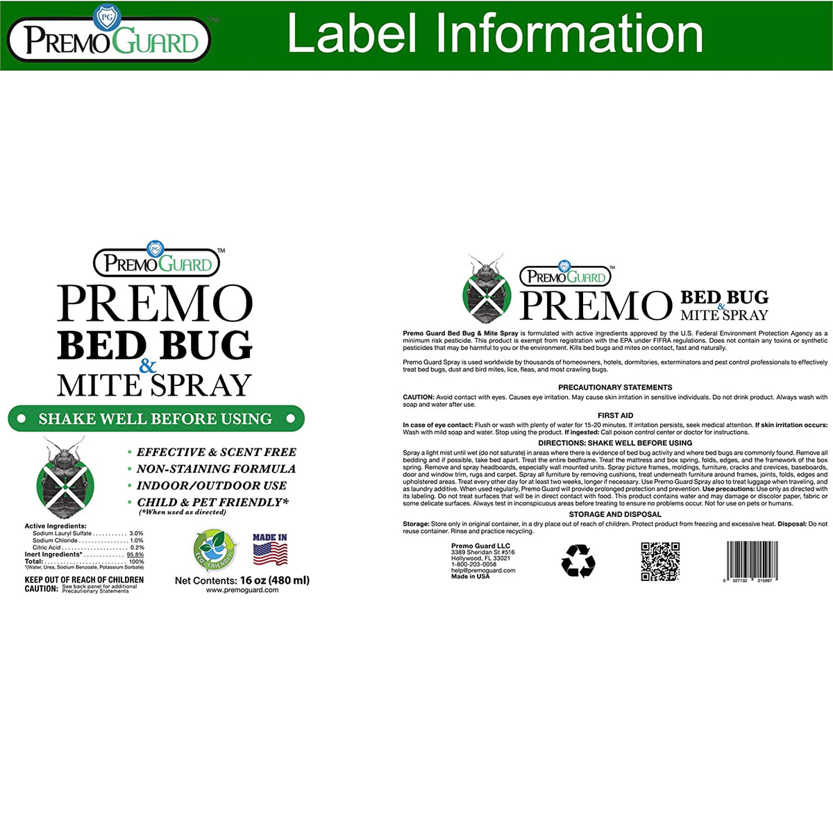 Bed Bug & Mite Killer Spray 16 oz | Natural & Non-Toxic | Premo Guard