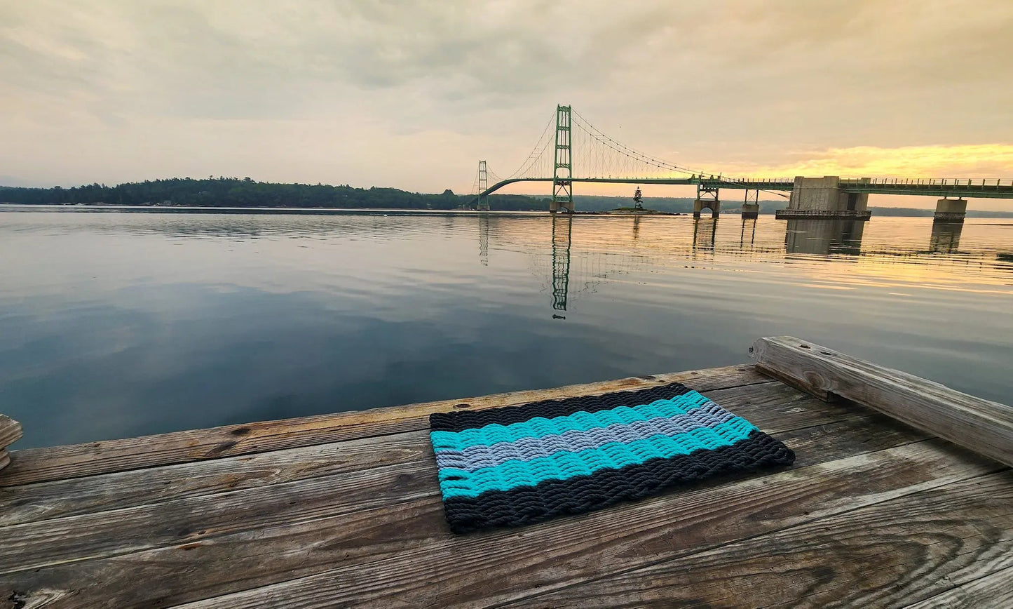 Black, Teal & Light Gray 5-Stripe Lobster Rope Doormat