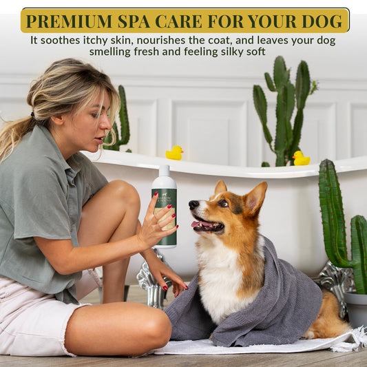 5-in-1 Dog Shampoo – Cleans, Conditions, Deodorizes, Moisturizes & Detangles – with Coconut, Oatmeal & Aloe – for Sensitive Skin – 16 fl oz
