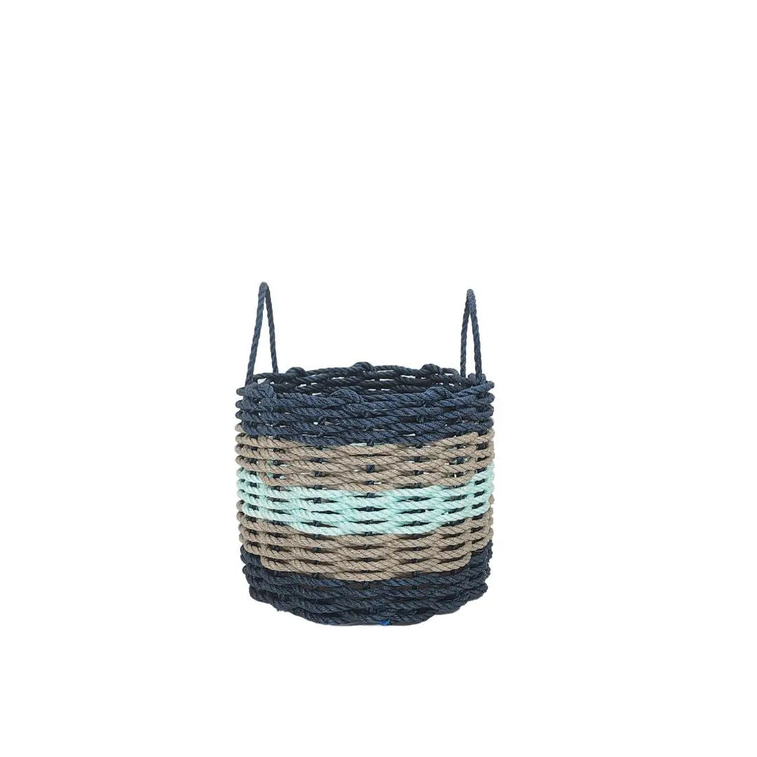 Navy Blue, Tan & Seafoam Five Stripe Rope Basket