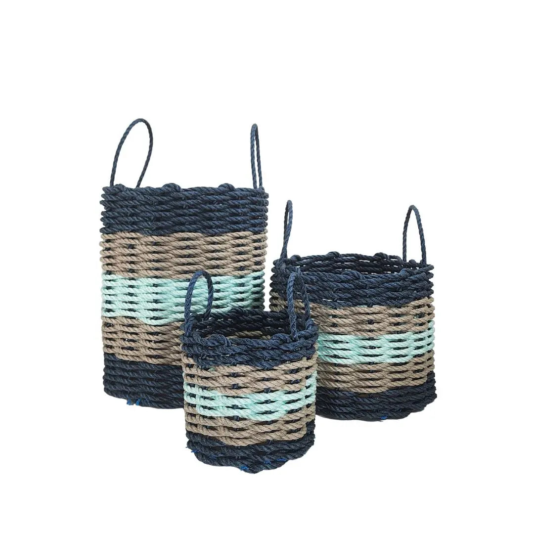 Navy Blue, Tan & Seafoam Five Stripe Rope Basket