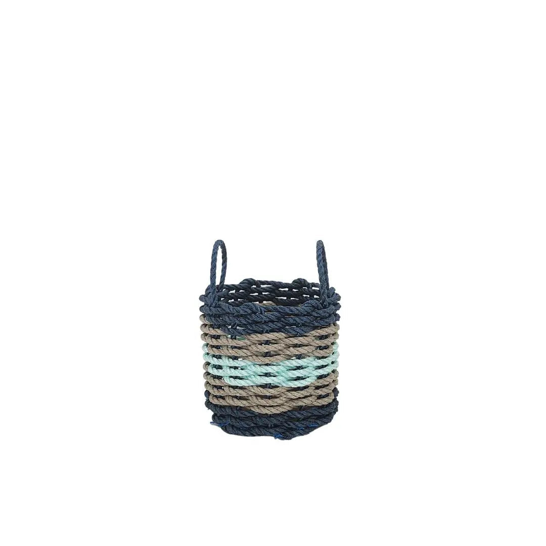 Navy Blue, Tan & Seafoam Five Stripe Rope Basket