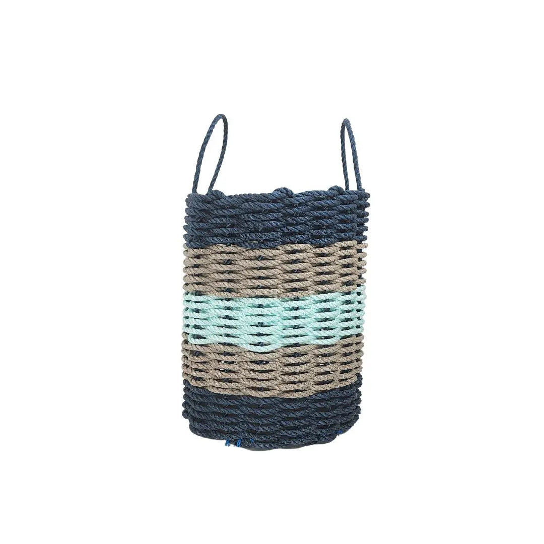 Navy Blue, Tan & Seafoam Five Stripe Rope Basket