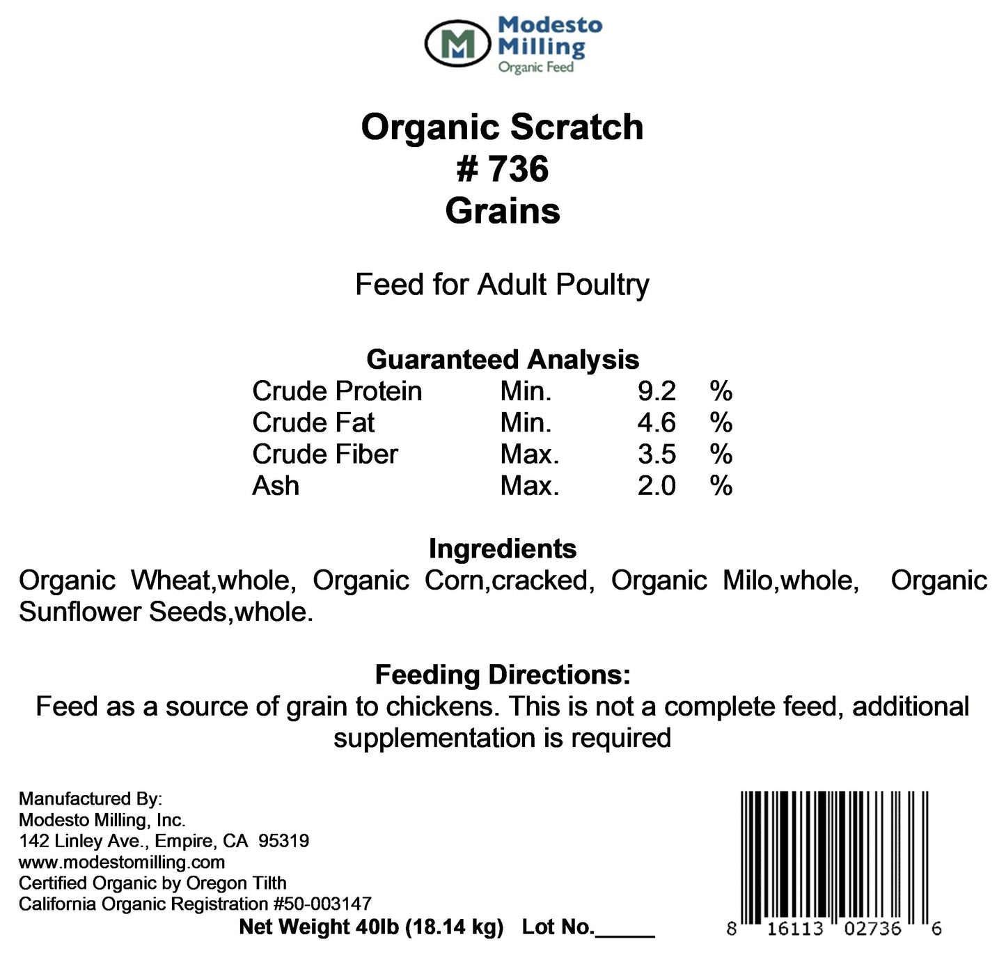 Modesto Milling Scratch Cracked Corn, Whole Wheat &amp; Sunflower Seed - Free Shipping