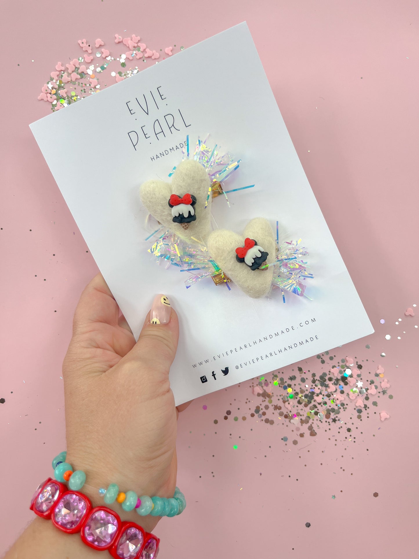 White Heart Mouse Bow Ice Cream Cone Pigtail Clips