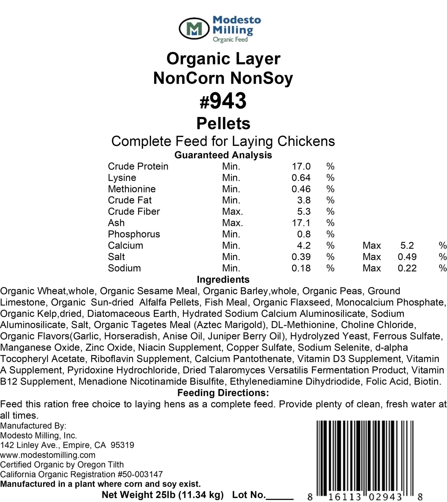 Modesto Milling Layer Pellets Non-Corn, Non-Soy - 942, 946, 943