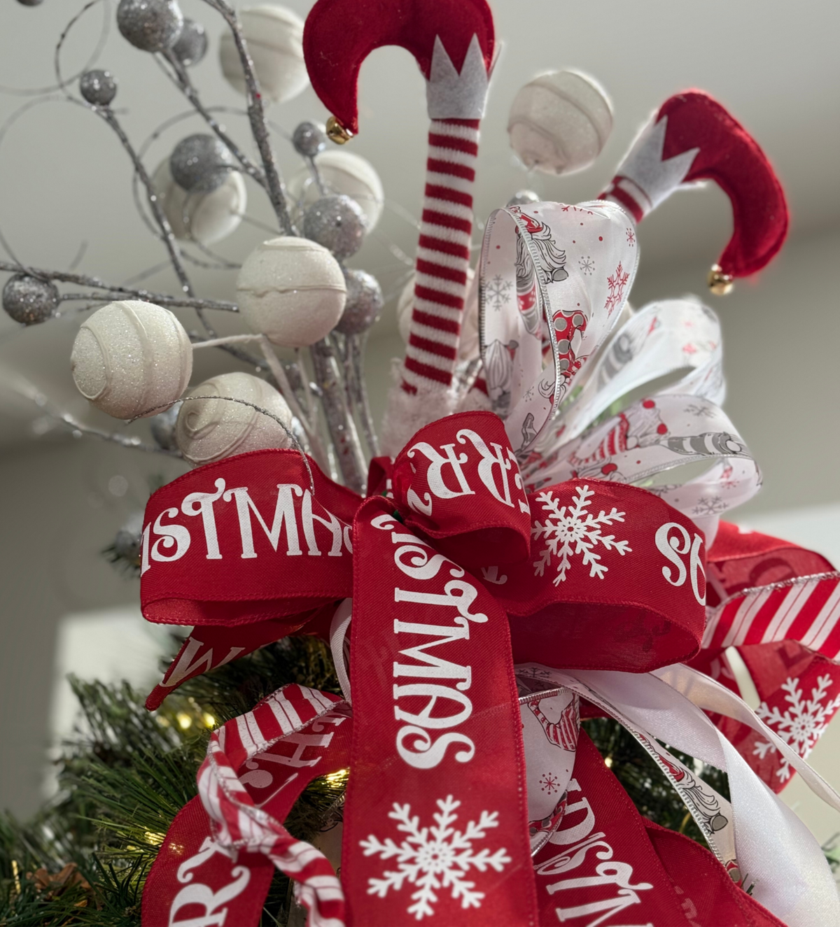Elf Christmas Tree Topper with Silver & White Ribbon