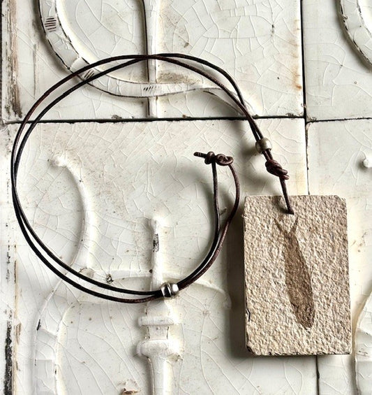 Fish Fossil on brown leather cord with silver bead
