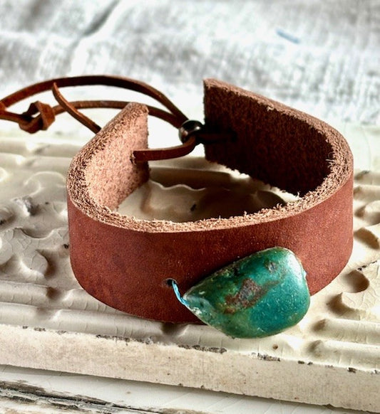 Light brown leather with green turquoise