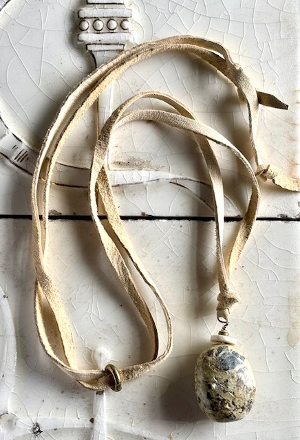 Yellow turquoise on cream leather with brass beads
