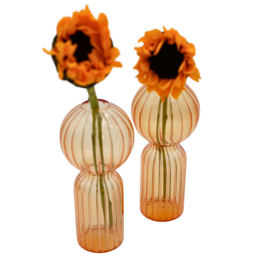 Apricot Ribbed Glass Vases – Pair