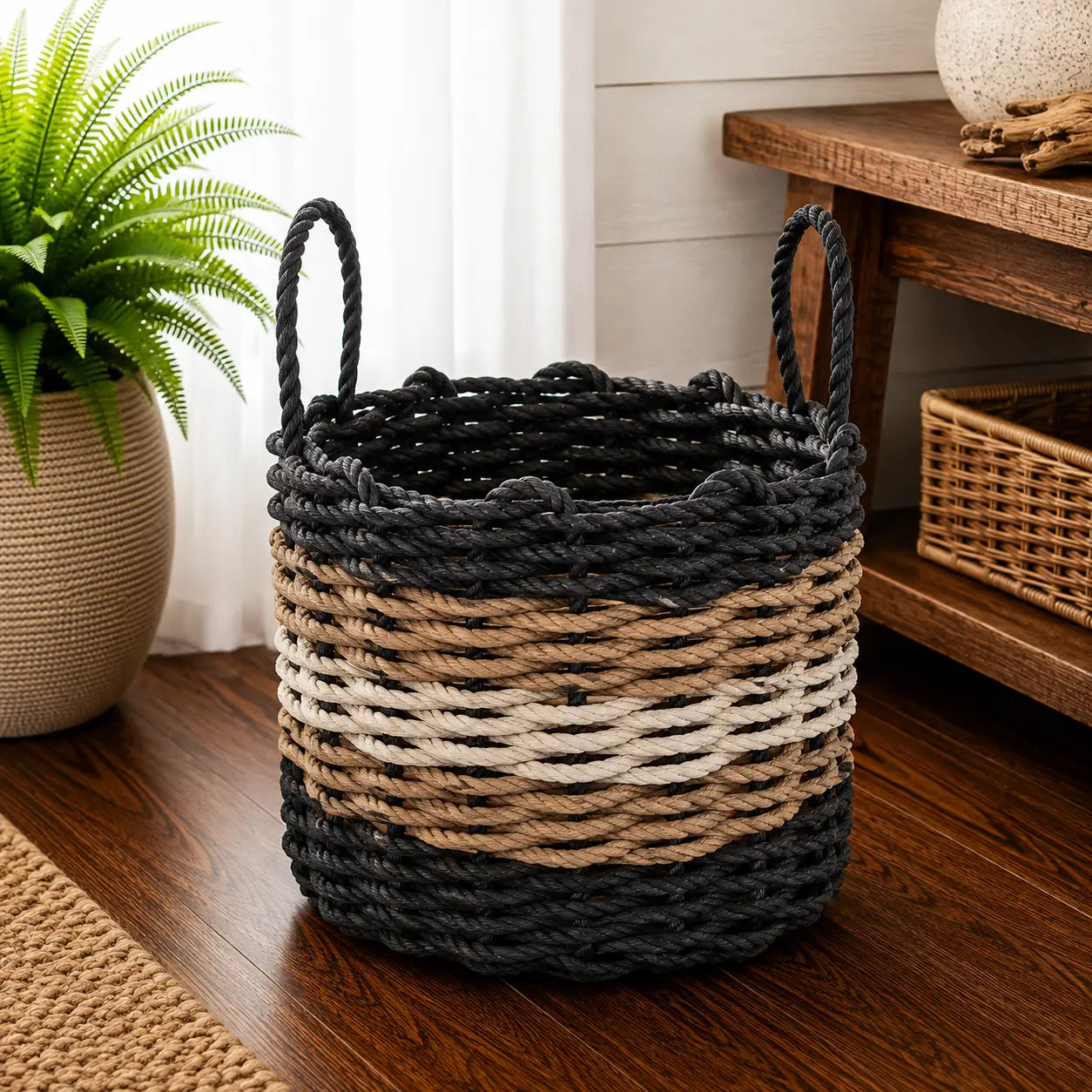 Black, Brown & Tan Five Stripe Rope Basket