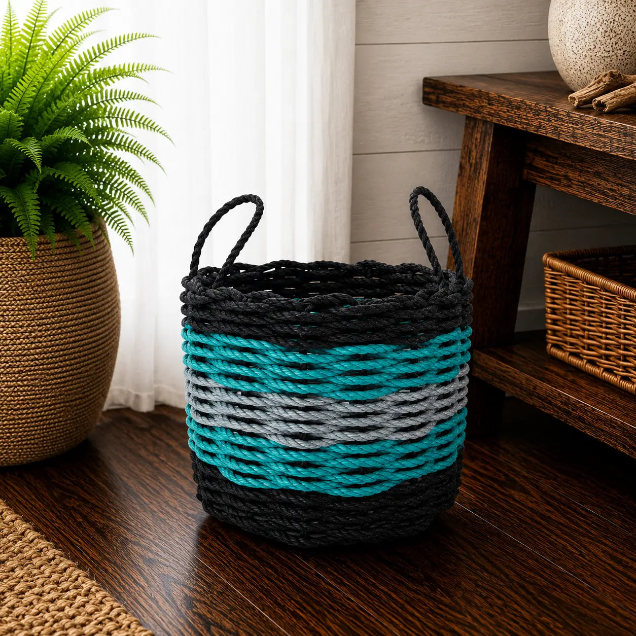 Black, Teal & Gray Five Stripe Rope Basket