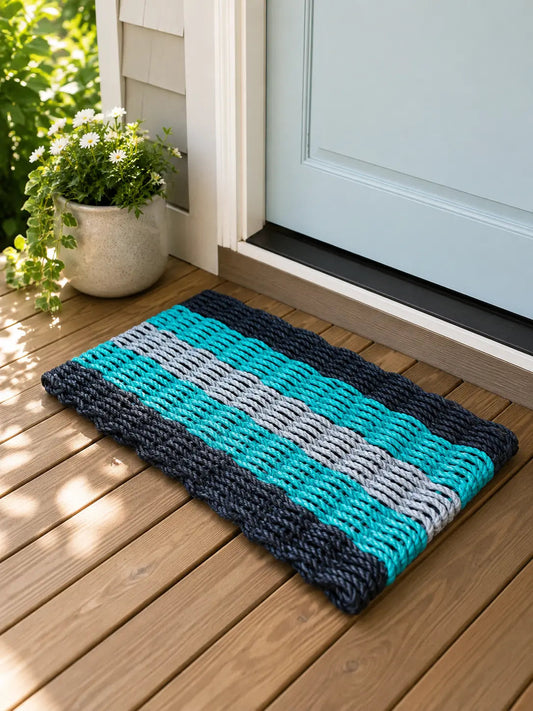 Black, Teal & Light Gray 5-Stripe Lobster Rope Doormat