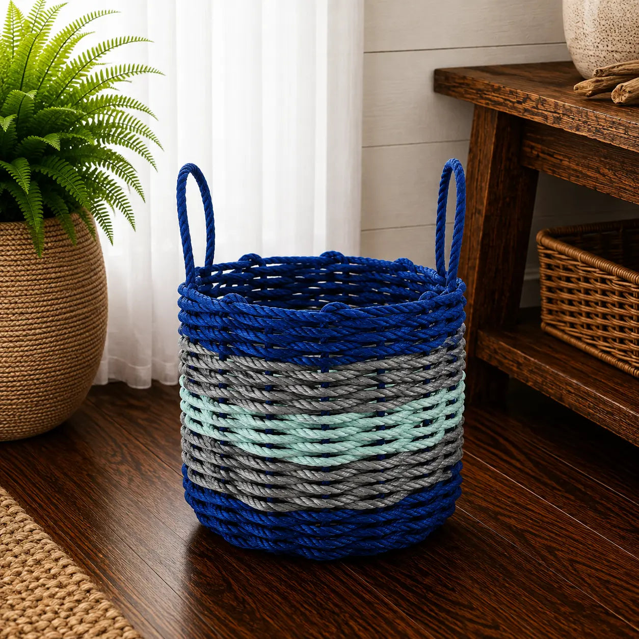 Blue, Gray & Seafoam Five Stripe Rope Basket