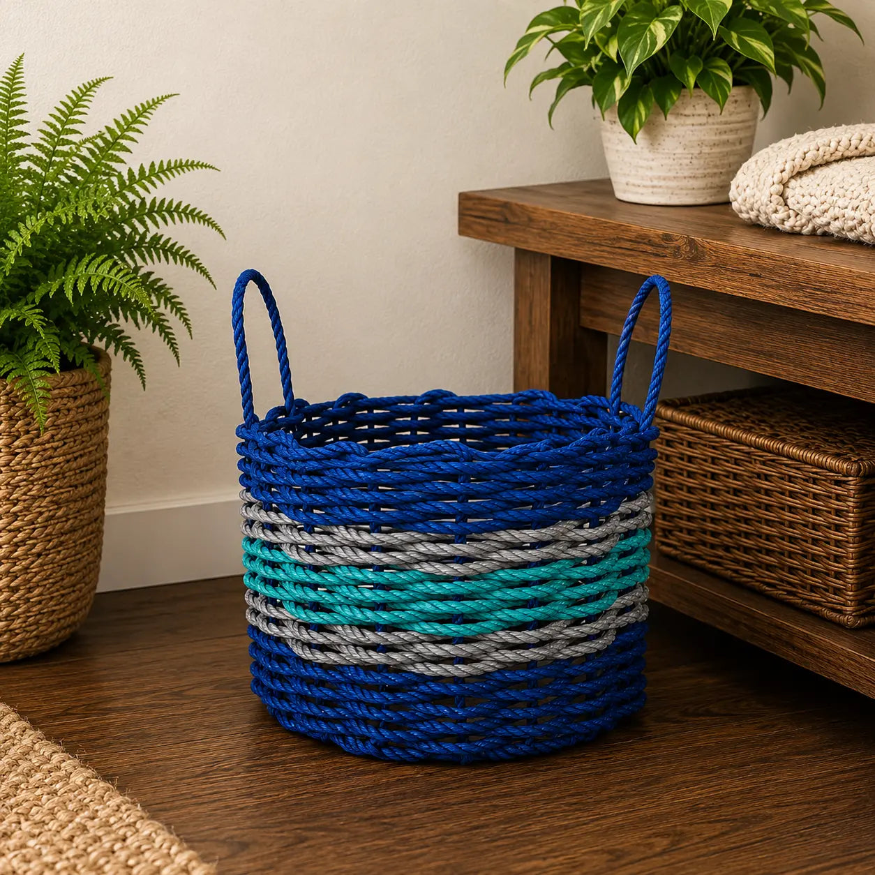 Blue, Teal & Light Gray Accent Rope Basket