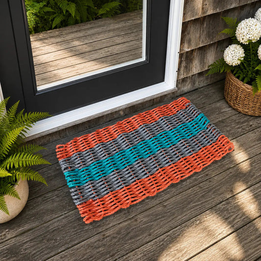 Coral Orange, Light Gray & Teal 5-Stripe Lobster Rope Doormat