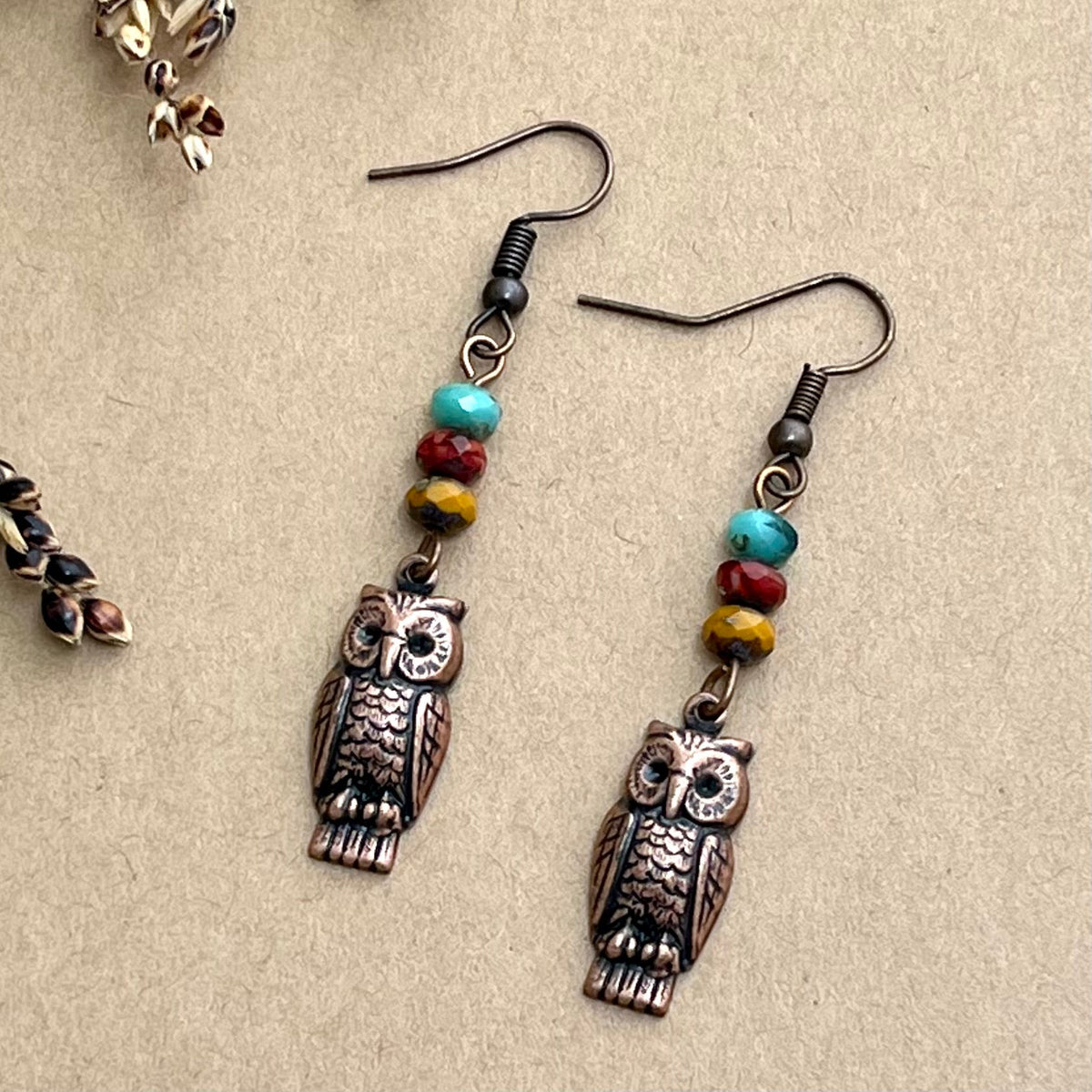 Copper Owl Earrings with Glass Bead Stack