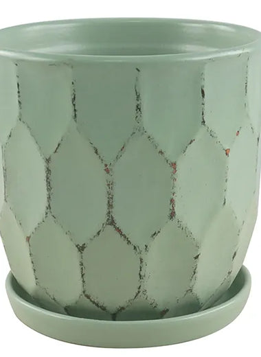 Distressed Honeycomb Pot with Attached Saucer, 6.75“ x 7”