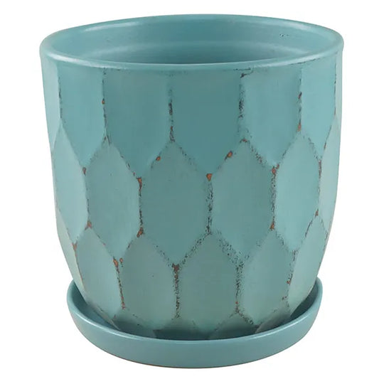 Distressed Honeycomb Pot with Attached Saucer, 6.75“ x 7”