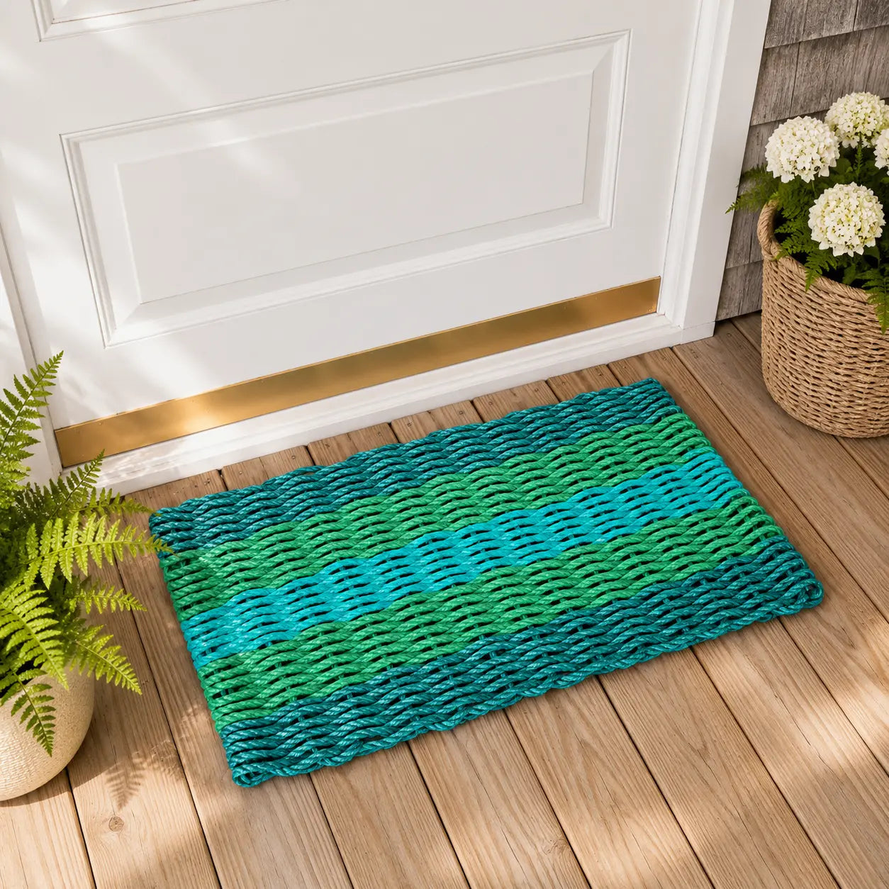 Hunter Green, Green & Teal 5-Stripe Lobster Rope Doormat