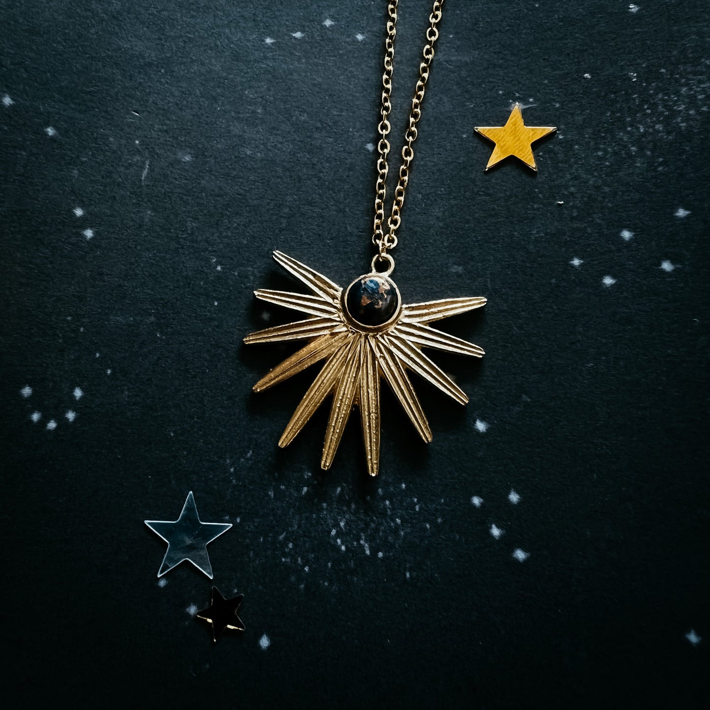 Dark Before the Dawn Sunburst Pendant Necklace with Copper Lapis Lazuli