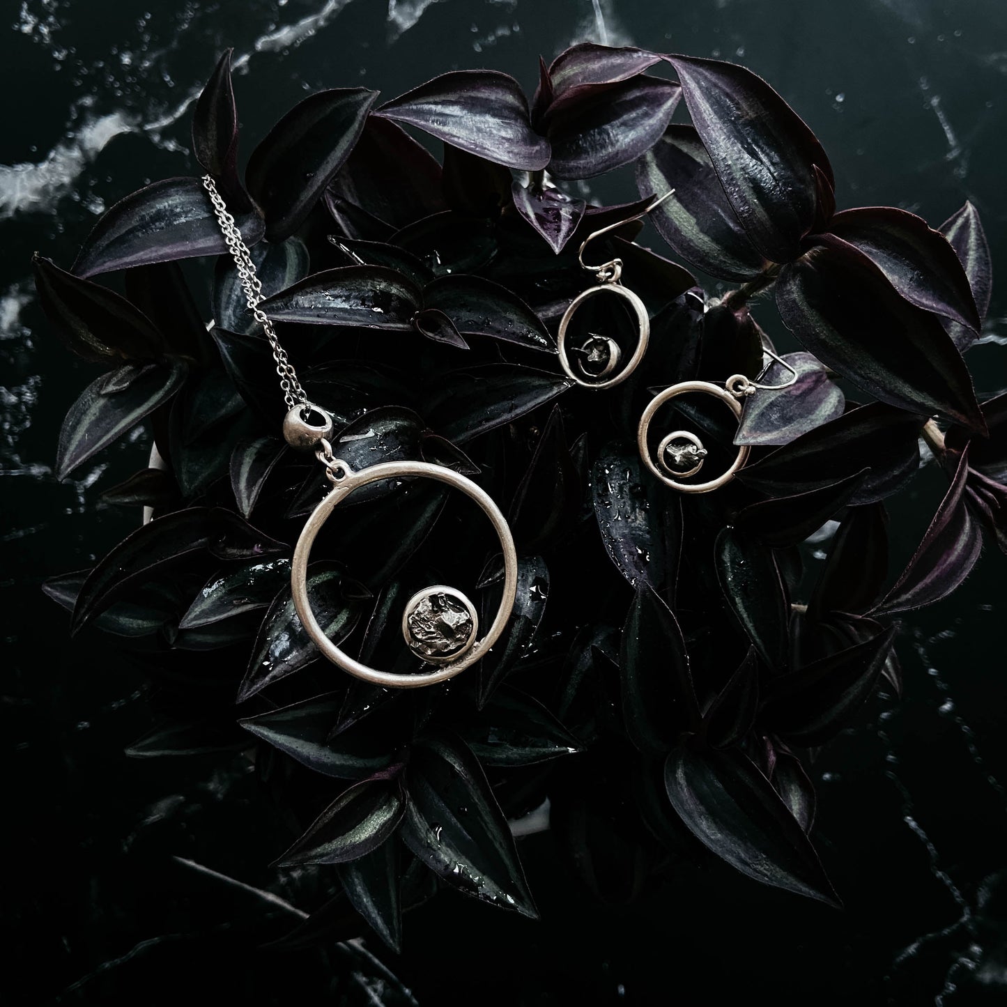 Meteorite Jewelry Set - Circle Necklace and Earrings