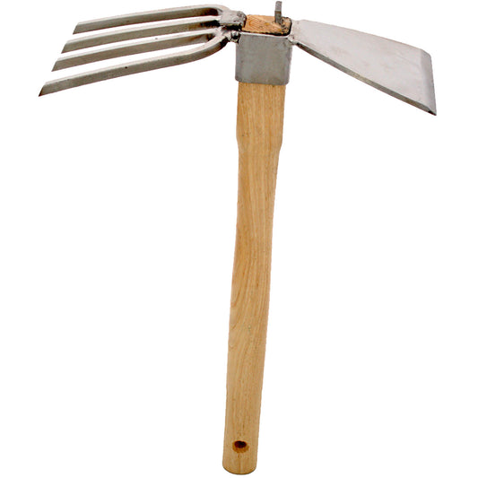 Stainless Steel Hoe/Fork Combo, 4-prong fork & 15-inch ash handle