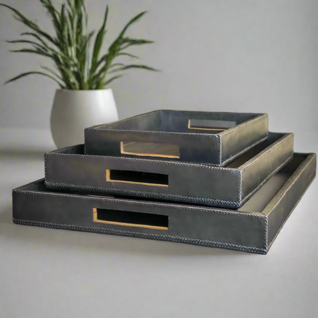 Chica | 15" Cedar Wood + Leather Ottoman Tray