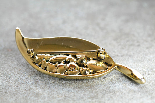 Green Rhinestone Leaf Brooch