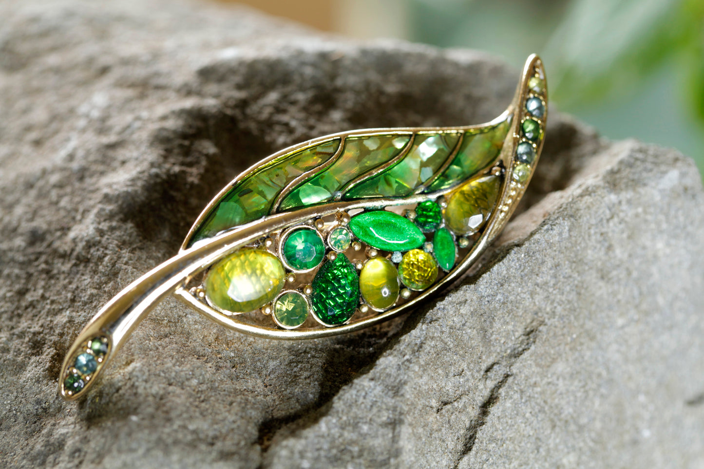 Green Rhinestone Leaf Brooch