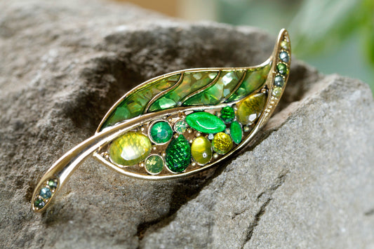 Green Rhinestone Leaf Brooch