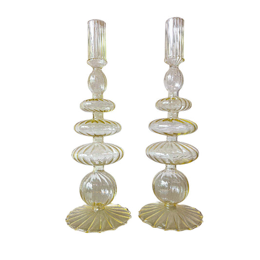 Buttercream Yellow Ribbed Glass Candle Holders – Pair