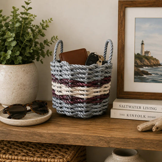 Light Gray, Light Tan & Burgundy Five Stripe Rope Basket