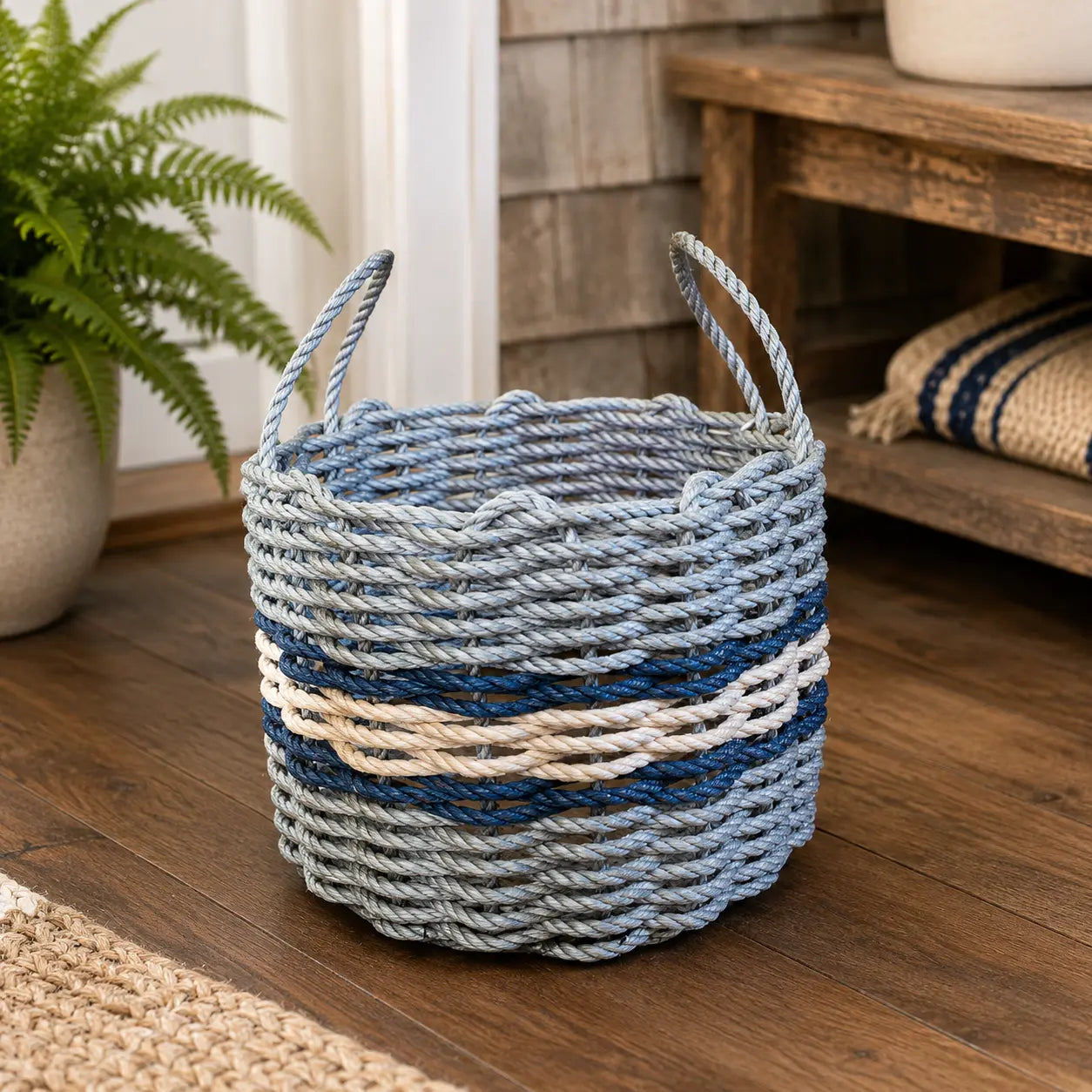 Light Gray, Light Tan & Navy Accent Rope Basket